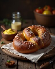 Wall Mural - Golden salted pretzel with mustard on a wooden board, surrounded by fresh vegetables, creating a delicious and inviting snack scene