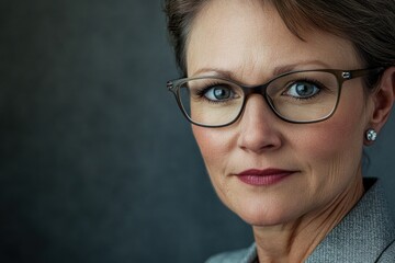 Poster - A woman wearing glasses and a gray jacket, sitting in a quiet space