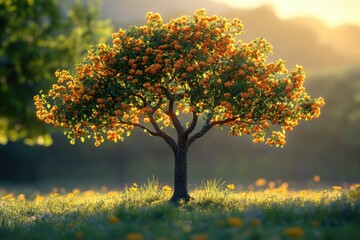 Poster - A vibrant orange tree stands tall amidst a field of bright yellow flowers