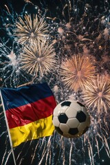 Wall Mural - a soccer ball sits next to a flag, with colorful fireworks exploding in the background
