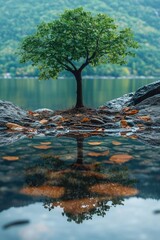 Poster - A single tree sits atop a rock beside a calm body of water, creating a serene scene