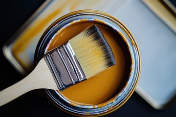 Poster - A paint can with a brush lying next to it, ideal for use in DIY or craft projects