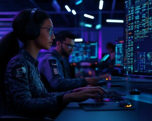 focused female developer engaged in coding, wearing headphones in a modern tech workspace with vibra