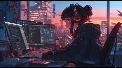 Lofi Anime Girl programming at computer, woman working on laptop in cozy, dramatic lighting against background with cityscapes in evening. Concept of work and study, fashion, music, technology.