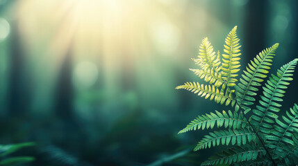 Wall Mural - Lush green fern illuminated by soft sunlight in a tranquil forest setting.