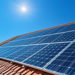 Wall Mural - residential rooftop covered with solar panels under clear blue skies
