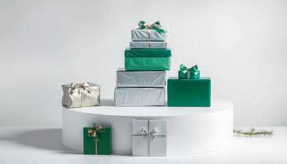 A stack of green, gold, and blue gift boxes with elegant ribbons arranged on a white modern surface, ready for Christmas celebrations.