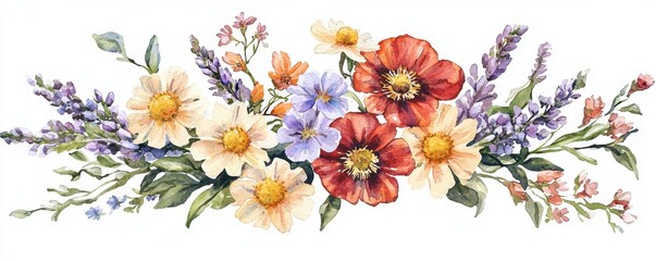 Wall Mural - A vibrant bouquet featuring colorful flowers like poppies, daisies, and lavender, beautifully arranged in a harmonious design.