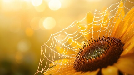 Wall Mural - Dew-covered spiderweb on a vibrant sunflower at sunrise.