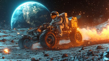 Wall Mural - astronaut operates lunar rover exploring the surface of the moon with earth in backdrop