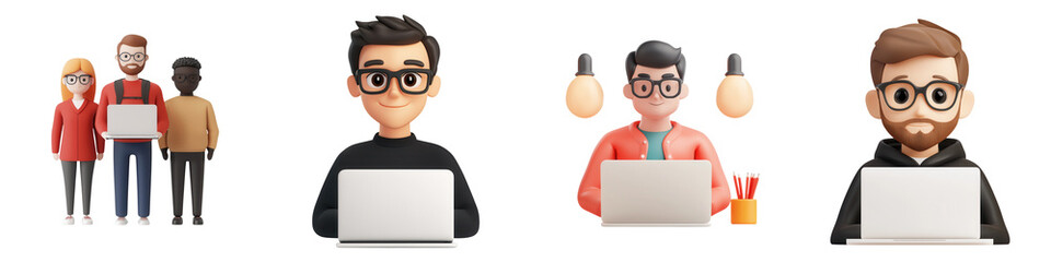Web development characters working on laptops in creative environment, isolated on transparent background.