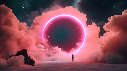 Wall Mural - this image portrays a cosmic scene with a celestial portal enveloped in pink clouds, offering a surr