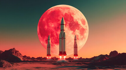 Wall Mural - a surreal alien landscape featuring three rockets poised for launch under a gigantic red moon, blend