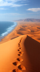 Wall Mural - Majestic view of towering sand dunes in Namib Desert, Namibia, where golden sands meet ocean waves. serene landscape showcasing nature beauty and tranquility