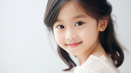 Portrait of smiling asian girl child with long white hair creamy white background.