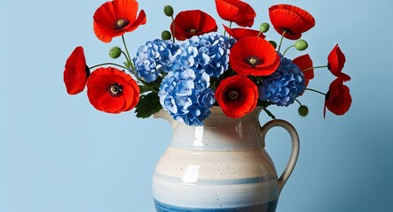 Wall Mural - A large ceramic vase with a bright mix of red poppies and blue hydrangeas placed against a plain sky blue background