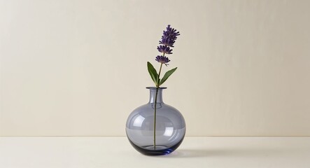 Wall Mural - A minimalist glass vase with a single sprig of lavender placed against a plain ivory background