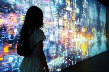 Wall Mural - illuminated digital landscape featuring advanced technology and human interaction in photography