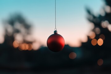 Wall Mural - Red christmas ball hanging outdoor at sunset with blurred background