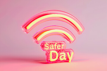 Wall Mural - Bold text Safer Day with wi-fi symbol on light pink background, representing online security