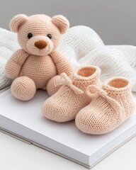 Cozy Knit Baby Booties and Plush toy Bear on White Background for Nursery Decor