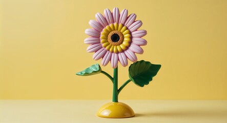 Wall Mural - A cheerful gerbera daisy figurine on a plain sunflower yellow background