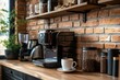 © RezaArif - Espresso machine with coffee cup on wooden counter in brick wall kitchen.