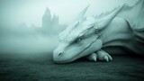Mystical White Dragon Resting on Misty Ground with Enchanted Castle in Background