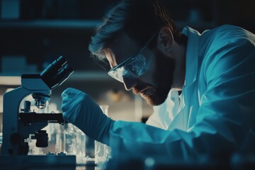 Aufkleber - A scene showing a focused researcher using a microscope in a dimly lit lab, emphasizing the immersive nature and meticulous attention in scientific research.