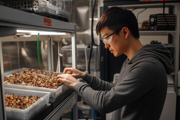 Aufkleber - An image capturing a scientist meticulously working with samples in a research laboratory, showcasing the precision and dedication involved in scientific endeavors.