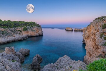 A stunning coastal scene features rocky cliffs and clear blue waters under a magnificent full moon, creating a peaceful and enchanting ambiance in the wilderness.