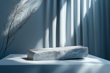 Poster - A rectangular stone block resting on a surface, bathed in natural light with a serene ambiance, complemented by soft drapery and a delicate branch.