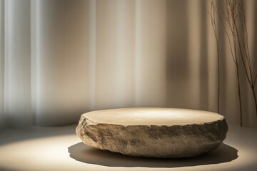 Poster - A rough-hewn circular stone table is presented on an illuminated display platform, casting a warm glow and enhancing its rustic aesthetic in a modern space.