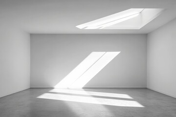 Leinwandbilder - A bright, white room featuring an angular skylight which casts sharp, geometric shadows on the walls, creating an atmosphere of modern simplicity.
