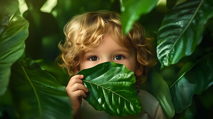 Wall Mural - In a playful interaction with nature, a child hides their face behind a leaf amidst lush green foliage, evoking a sense of innocence and connection to nature.