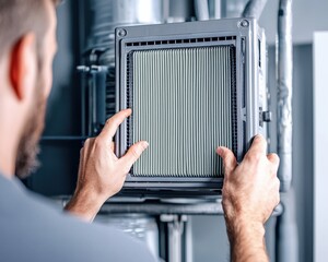 Aufkleber - A person is installing or replacing a filter in a mechanical system, focusing on maintenance and air quality improvement.