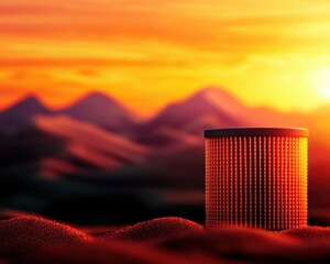 Leinwandbilder - A luminous cylindrical structure stands amidst vibrant sand dunes under a stunning sunset, creating a surreal landscape.