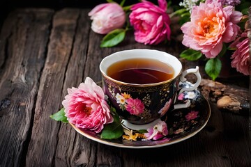 Wall Mural - Close-up of a tea cup with flowers on the wooden table, rustic dark background with copy space, elegant tea setting concept.