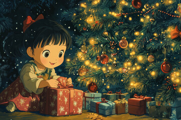 Wall Mural - little child with christmas gift