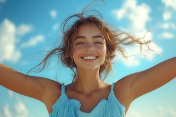 Wall Mural - Happy young woman in a blue shirt on a blue background


