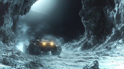 Wall Mural - robot navigates a lunar cave environment in a 4k exploration mission