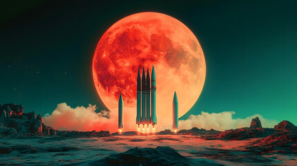 Wall Mural - a surreal alien landscape featuring three rockets poised for launch under a gigantic red moon, blend