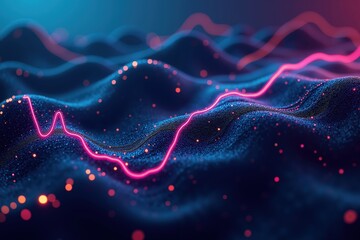 Canvas Print - neon waves and dotted patterns with vibrant pink lines on abstract blue surface