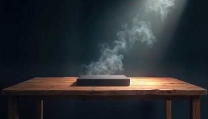 Aufkleber - Empty stage in dark room with wooden table, dark box. Spotlight illuminates box. Smoke rises from box. Stylish interior design. Potential uses for event promotion product presentation. Dramatic