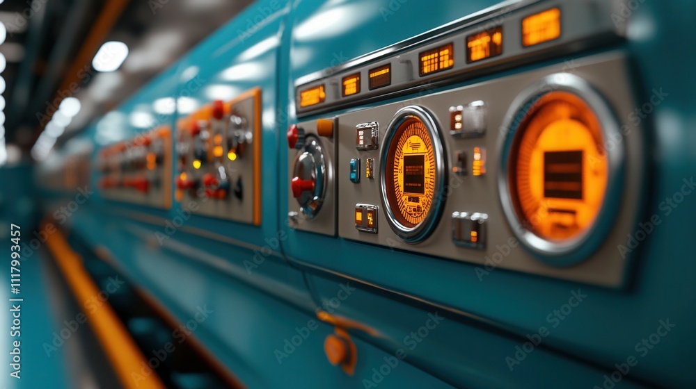 chemical plant control panel with gauges, buttons, and screens showing ...