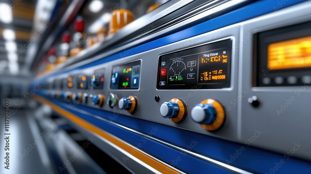 chemical plant control panel with gauges, buttons, and screens showing ...