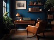 © twinklewin labs - Ancient 1900s living room with leather chair, table and typewriter on a blue plain wall