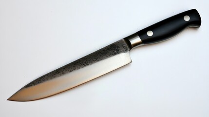 A kitchen knife with a sleek, black handle and sharp blade 