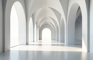 Aufkleber - Modern white architectural interior. Long hall with arched windows. Bright light fills space. Empty space, good for design inspiration. Futuristic, minimalist interior. Ideal for interior design.