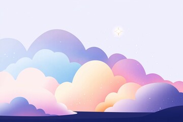 Abstract illustration of pastel pink purple clouds, starlight. Colorful clouds in various shades of pink purple, blue. Soft gradient colors create dreamy, magical atmosphere. Stars twinkle. Suitable
